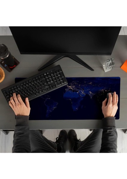 Gece Dünya Haritası Baskılı 70X30 Büyük Boy Mousepad - Mouse Pad - Fare Altlığı