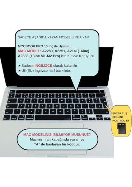 MacBook Klavye Koruyucu Silikon Kılıf Film Avrupa Ingilizce Baskılı Uk-Ters L Enter Tipi Touchbar Pro M1,m2 13INÇ -A2251,A2289,A2338, Pro 16 Inç A2141 Uyumlu, Ultra Ince Siyah fiyatları
