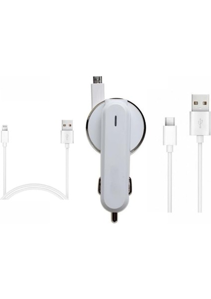 Pdateknoloji 3.1A 15WATT Araç Şarj Aleti Micro USB Kırılmaz Kablo + Lightning Kablo Hediyeli + Type-C Kablo Hediyeli (Tüm Telefon Girişlerine Uyumludur)