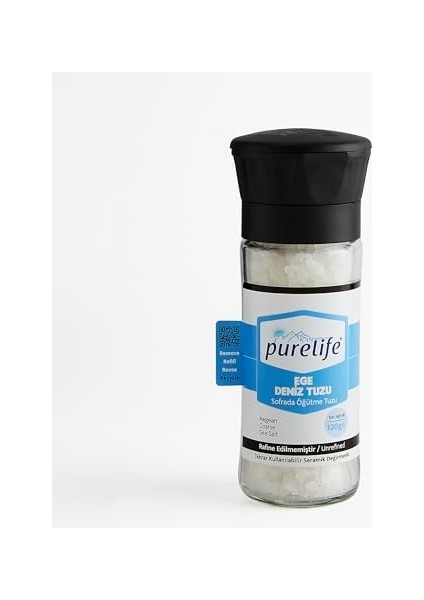 Purelife Deniz Tuzu Sofrada Öğütme Cam Şişe Seramik Değirmenli 120G | Rafine Edilmemiş Doğal Tuz | Gurme Ege Granül Deniz Tuzu | Tekrar Kullanılabilir Ambalaj | Iz Bırakmayan Sürdürülebilir Etiket