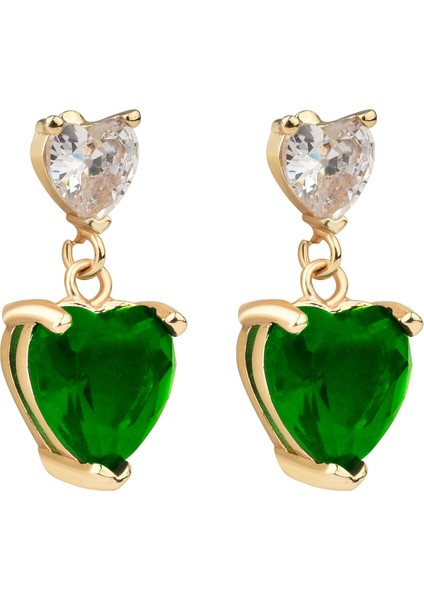 Kalp Detaylı Taşlı Yeşil Küpe