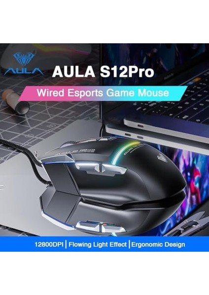 Aula S12 Pro 12800 Dpı 8 Tuşlu Makrolu Kablolu Optik Gaming Oyuncu Mouse Siyah fiyatları