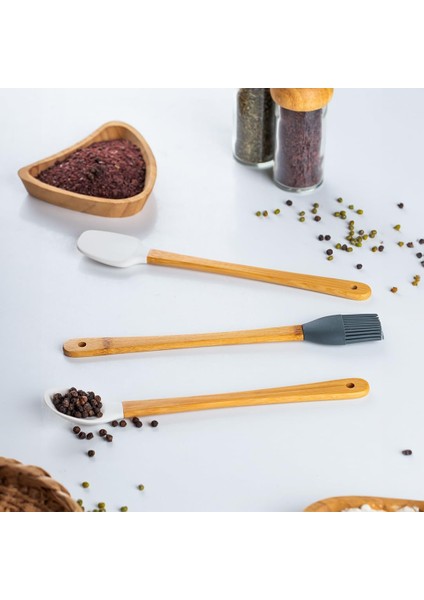 Mıen 3 Parça Mini Silikon Kaşık Spatula Fırça - Yanmaz Yapışmaz Hazırlık Seti - 23 cm