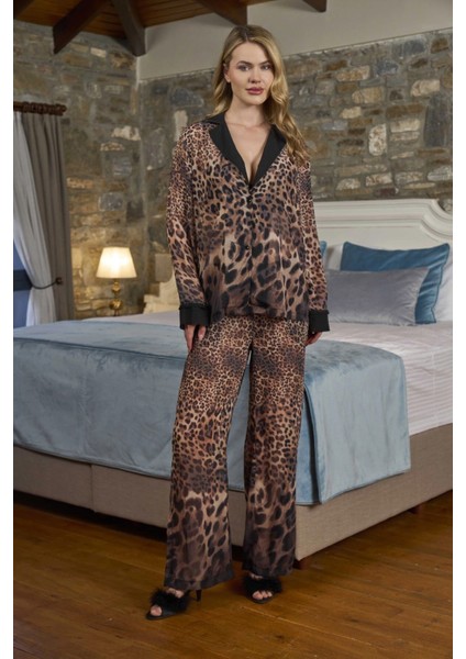 Aqua 26369 Gömlek Yaka Önden Düğmeli Leopar Desen Pijama Takımı fiyatları