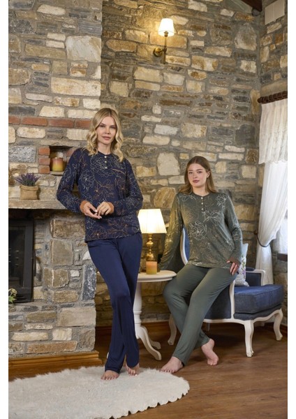 Aqua 26348 Kadın Battal Desenli Uzun Kol Pijama Takım