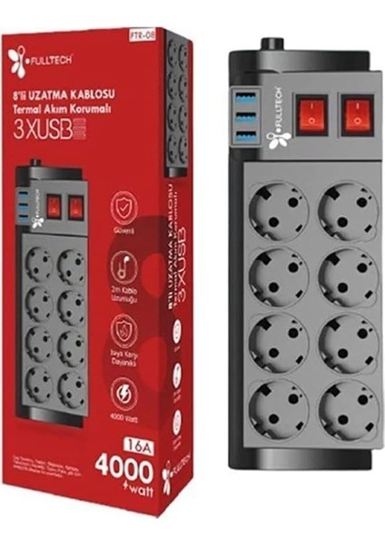Akım Korumalı Priz, Dayanıklı, Çocuk Koruması, 8'li Priz, Sekizli, 3 Usb'li, 2 mt Yüksek Akım Dirençli Kablo, Priz Ftr-08