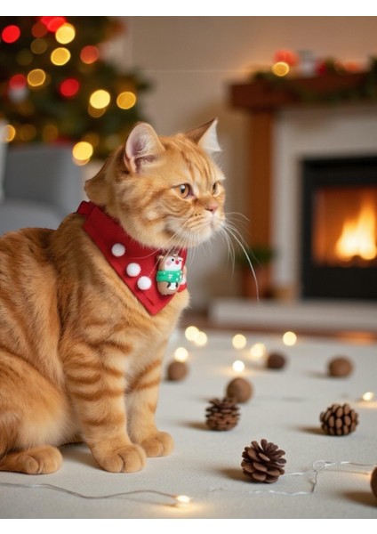 Christmas Squirrel Yılbaşı Kedi Bandanası | Ponponlu Kırmızı Noel Boyun Aksesuarı | Sevimli Sincap Figürlü Kedi Süsü