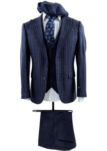 Erkek Lacivert Çizgili Klasik Takım Elbise