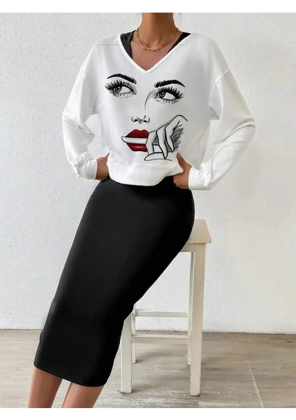 Mdb Kadın Askılı Yuvarlak Yaka Viskon Iki Iplik Elbise ve V Yakalı Bluz Ikili Takım