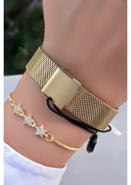 Orijinal Çelik Hasır Kordon Kadın Kol Saati 3 Atm Su Geçirmezlik Gold Renk Bileklik Hediyeli DK951C3 fırsatları