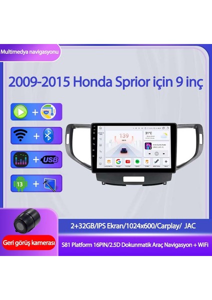 Honda Sprior Wifi Gps Carplay 9 Inç 2+32GB Kamera Multimedya Navigasyon Sistemi - 2009-2015 Model