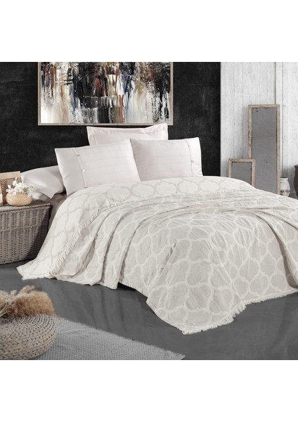 Damask Çift Taraflı Pamuk Dokuma Battal Boy( Size) 240X260CM Antialejik Nefes Alabilen Dört Mevsim Pike Yatak Örtüsü (Bej)