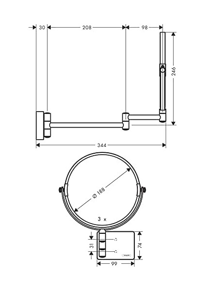 Hansgrohe, Duvar Montajı, Kozmetik Aynası Addstoris, Döner Tıraş Aynası, Makyaj Aynası, Krom