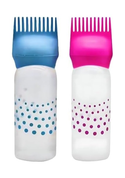 Mta High-Tech 2 Adet Saç Boyama Şişesi – Tarak Uçlu Uygulama Aparatı, Kademeli Renkli Plastik Sıkmalı Şişe Aplikatör Fırçası Saç Boyası Ev Salon Için 170 ml Pembe - Mavi