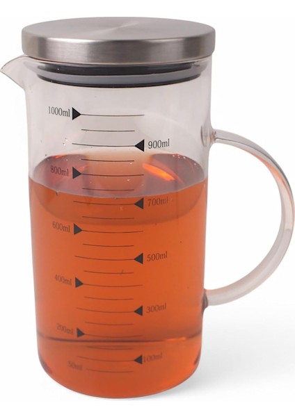 1100ML Metal Kapaklı Cam Yağlık ve Ölçü Kabı – Dayanıklı ve Şeffaf Sıvı & Kuru Malzeme Ölçme Kabı | Mutfak Için Ölçüm ve Saklama Çözümü 1100ML - Cam Sürahi Ölçü Kabı