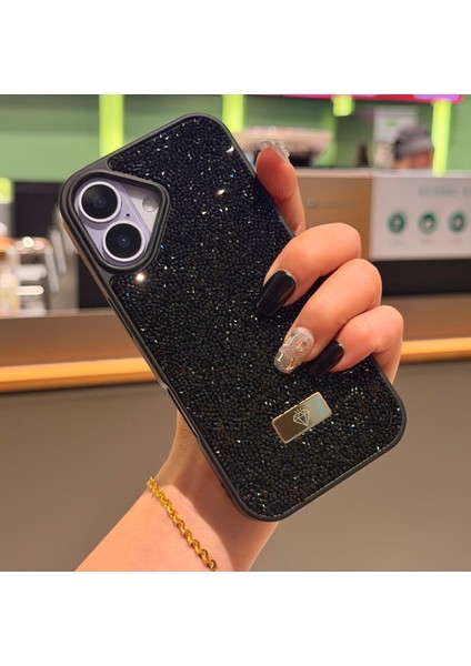 iPhone 17 Kılıf Içi Kadife Elmas Tasarımlı Siyah Taşlı Işıltılı Pırlanta Silikon Kapak