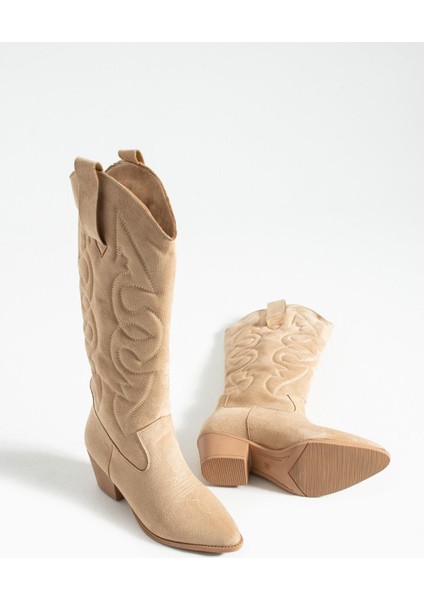 Kadın Sivri Burun Topuklu Çizme Western - Bej