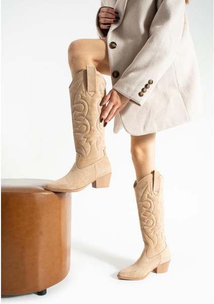 Kadın Sivri Burun Topuklu Çizme Western - Bej fırsatları