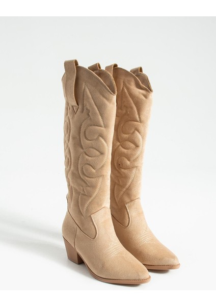 Kadın Sivri Burun Topuklu Çizme Western - Bej indirimleri