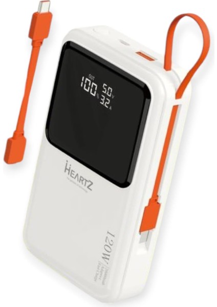 H007 20000 Mh Pd 45W ve USB 120W Fast Hızlı Şarj Dahili Type C ve Lightning Kablolu Dünya Standartlarına Uygun Polymer Batarya Birebir Amper LCD Göstergeli Powerbank