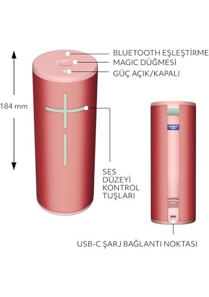Ears Boom 4 Taşınabilir Su Geçirmez Hoparlör, 360 Derece, Güçlü, Sürükleyici, Netliğinde Ses, 15 Saatlik Pil Ömürlü ve 45M Kullanım Mesafeli Hopalör, Pembe fiyatları