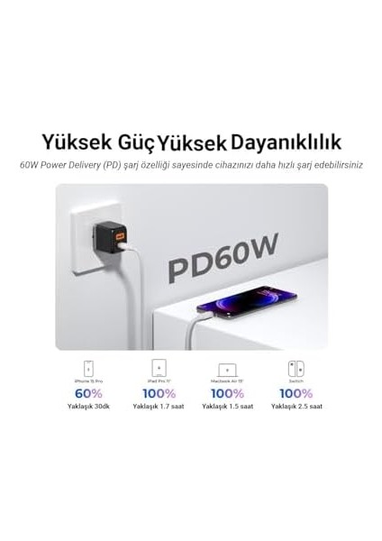60W 3A Pd Type-C To Type-C Hızlı Şarj ve Data Kablosu Beyaz 1 Metre fiyatları