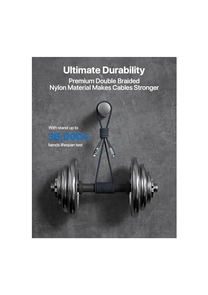 USB Type-C Kablo, LED Ekranlı, 240W 40GBPS, 8k 60Hz Destekli, Örgülü, Siyah-Gri fiyatları