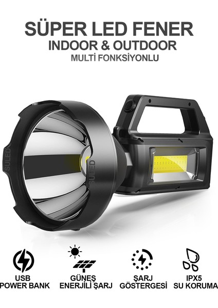 Şarjlı LED El Feneri LED Işık Solar Şarjlı USB Power Bank Özellikli Multi Fonksiyonlu Kamp Lambası
