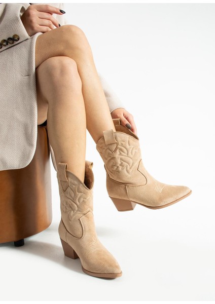 Kadın Sivri Burunlu Topuklu Bot Western - Bej fiyatları