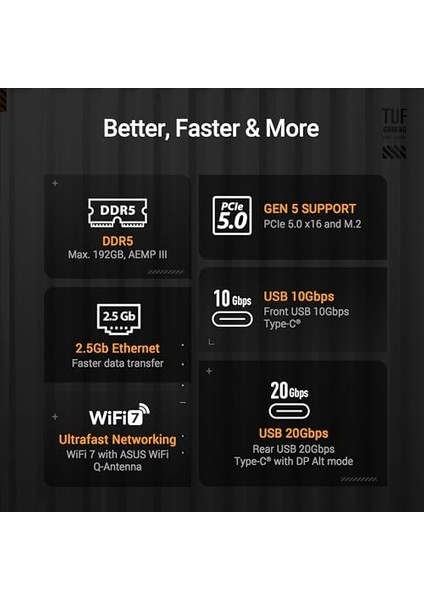 Tuf Gamıng B860 Plus Wıfı Intel Atx Anakart, 12+1+2+1 80A Drmos Güç Aşamaları, Ddr5, Pcıe 5.0, 3xm.2 Yuvaları, Wifi 7, 2.5gb Ethernet, Displayport, Dp Alt Modlu USB 20GBPS Tip-C fiyatları