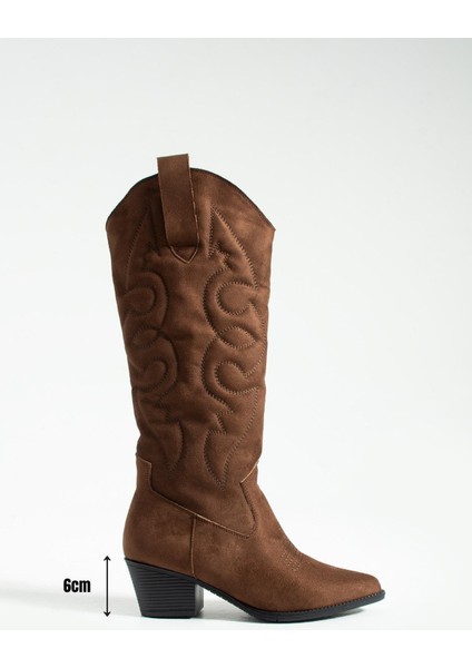 Kadın Sivri Burun Topuklu Çizme Western - Kahverengi