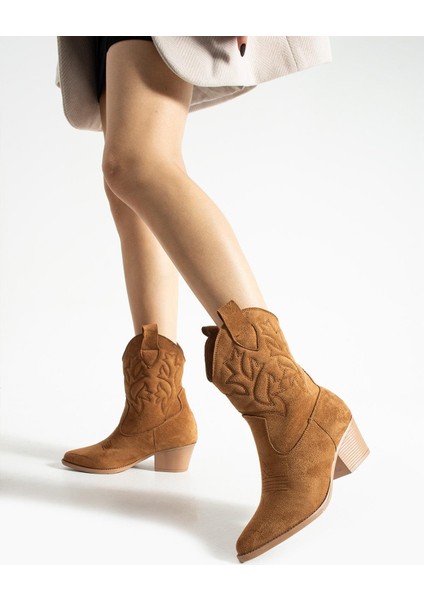Kadın Sivri Burunlu Topuklu Bot Western - Taba fırsatları