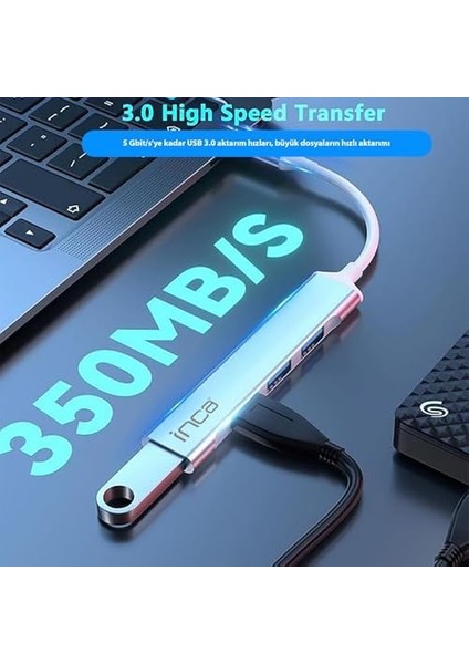 Inca IUSB-04TXT Usb-C Hub, 4 Bağlantı Noktalı, 1x USB 3.0 + 3x USB 2.0, Ince Alüminyum Kasa modelleri