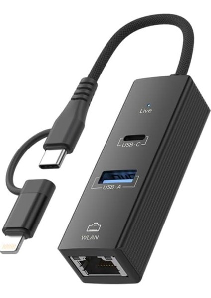 Type-C/lightning 8 Pin - Type-C- Usb-A Hub Genişletme Dönüştürücü Multi Functional Converter Type C +Lightning Wlan 2in1 Dönüştürücü USB Çoklayıcı (Siyah)