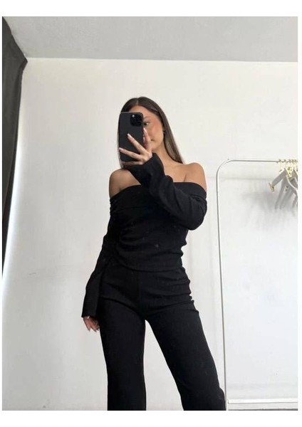 Kadın Siyah Kalın Fitilli Madonna Yaka Ispanyol Kol & Paça Alt-Üst Takım