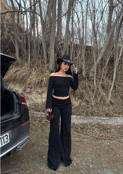 Kadın Siyah Kalın Fitilli Madonna Yaka Ispanyol Kol & Paça Alt-Üst Takım fiyatları