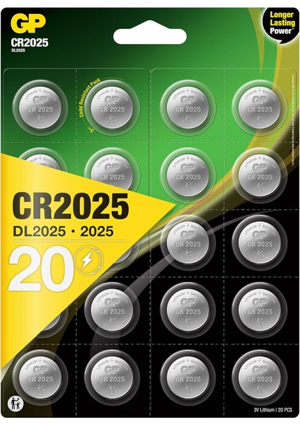 Gp Batteries CR2025 2025 Boy Lityum Düğme Pil, 3 Volt, 20'li Kart, Gri