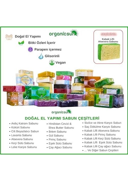 Organicsun Doğal Kabak Lifli Aloe Vera Sabunu 120 gr x 3 Adet Tüm Cilt Tipleri Için B ve E Vitaminli fiyatları