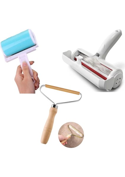 3'lü Kedi Köpek Tüy Toplama Seti Tiftik Toplayıcı Yıkanabilir Tüy Rulosu Hazneli Tüy Toplama Gırgırı Eşya Koltuk Kıyafet Tüy Temizleme Aparatı