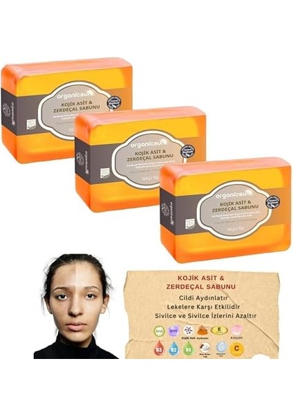 Organicsun Kojik Asit & Zerdeçal Sabunu 3 Adet x 140 gr Leke ve Sivilce Karşıtı Kojic Acid - Kolajen - Aha Bha - C Vitamini - Hyaluronic Acid - Shea Butter Yağı Içerikli Aydınlatıcı Sabun modelleri
