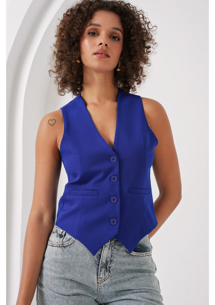 6796 Kısa Dokuma Yelek - Saks