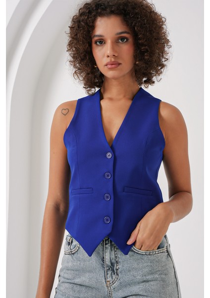 6796 Kısa Dokuma Yelek - Saks modelleri