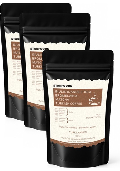 3 Paket No: 2 Detox Coffee Inülin & Bromelain & Matcha Coffee Detox Türk Kahvesi