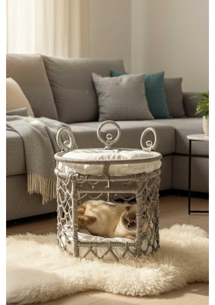 Lüxperi Kristal Taşlı Iki Katlı Kedi Yatağı, Kedi Ranzası Açık Gri