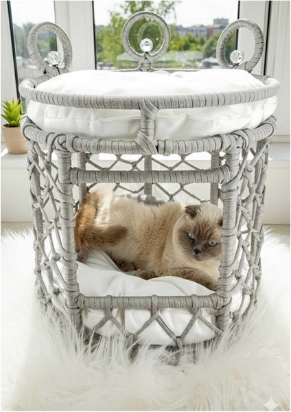 Lüxperi Kristal Taşlı Iki Katlı Kedi Yatağı, Kedi Ranzası Açık Gri modelleri