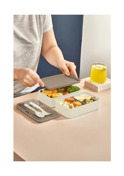 2 Katlı Ayarlanabilir Dikdörtgen Beslenme Kabı - Çatal Kaşık Servisli Yemek Saklama Kutusu Bej (NKS156) fiyatları