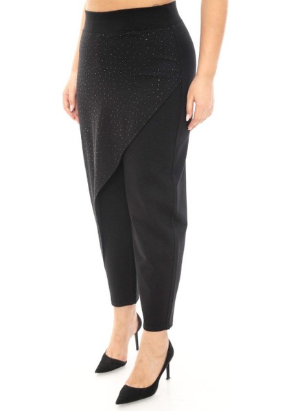 Büyük Beden Lastikli Yüksek Belli Likralı Toparlayıcı Taşlı Örme Kadın Etek Pantolon