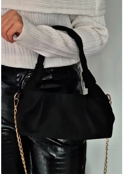 Siyah Süet Düğüm Detaylı Kadın El ve Omuz Çantası