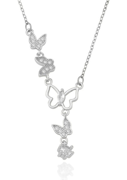 Dört Kelebek Figürlü Paslanmaz Çelik Zirkon Kolye
