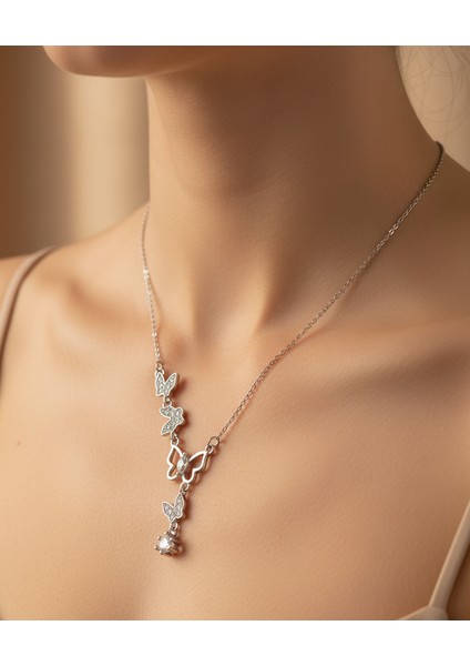 Dört Kelebek Figürlü Paslanmaz Çelik Zirkon Kolye fiyatları